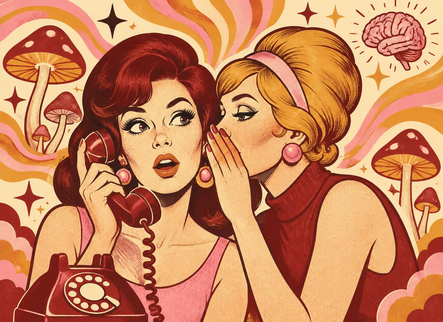 Ilustração retrô de duas mulheres fofocando ao telefone, cercadas de cogumelos, estrelas e um cérebro